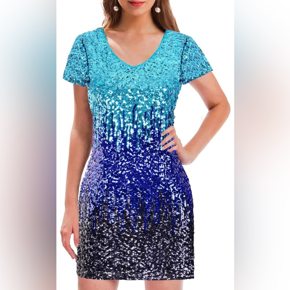 NWT Women’s Plus Size Short Sleeve Royal Blue & Turquoise Sequin Cocktail Dress